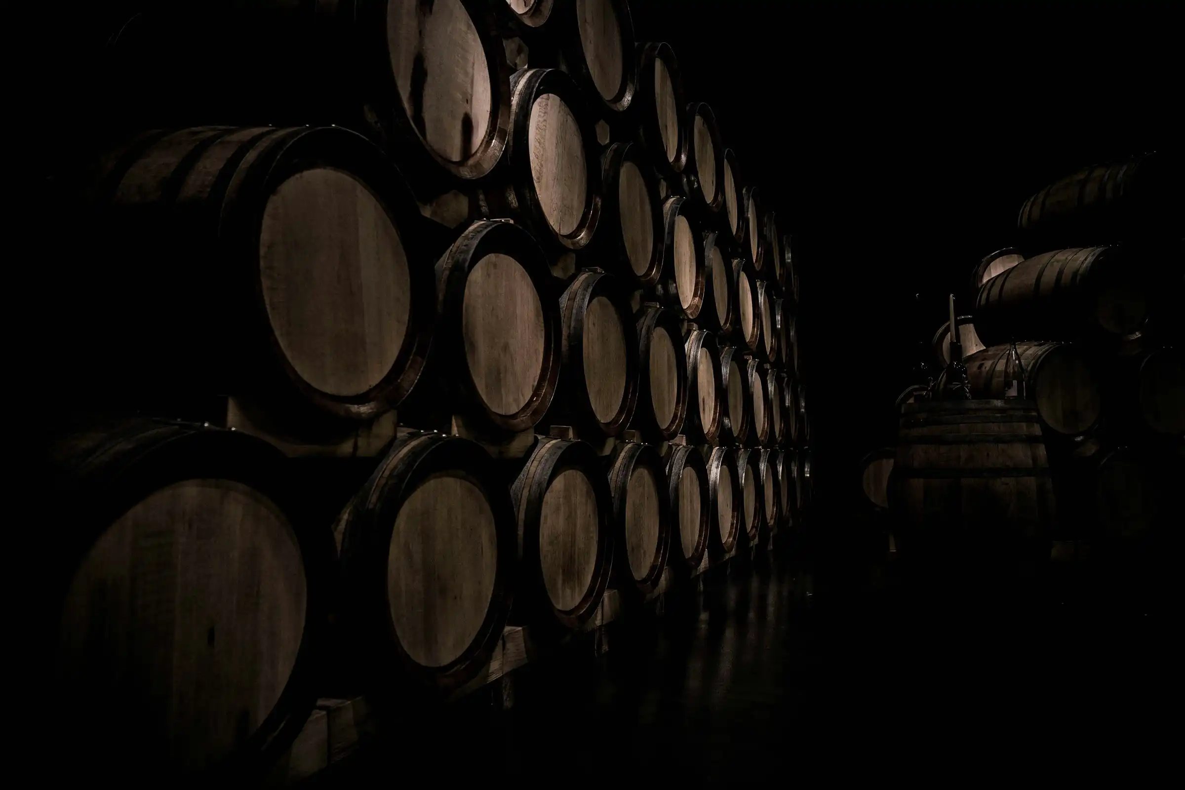Rows of barrels in a cellar lit only at one end